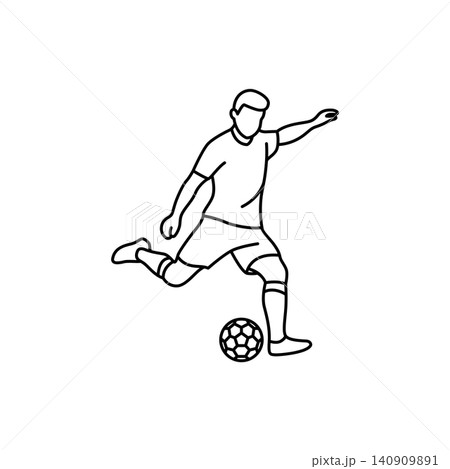 Black and white line art icon of a soccer player performing a basic penalty kick. Minimalist design ideal for sports graphics, websites, and mobile apps. 140909891