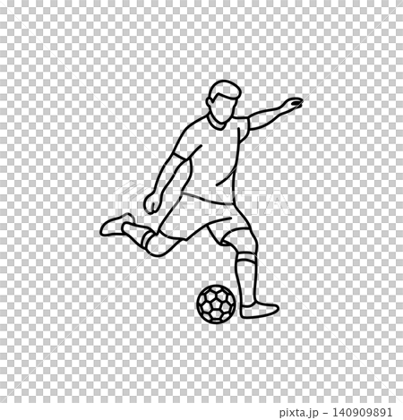Black and white line art icon of a soccer player performing a basic penalty kick. Minimalist design ideal for sports graphics, websites, and mobile apps. 140909891