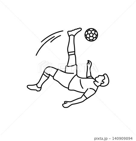 Black and white line art icon of a soccer player performing an overhead bicycle kick. Minimalist design ideal for sports graphics, websites, and mobile apps. Black and white line art icon of a soccer player performing an overhead bicycle kick. Minimalist design ideal for sports graphics, websites, and mobile apps. 140909894