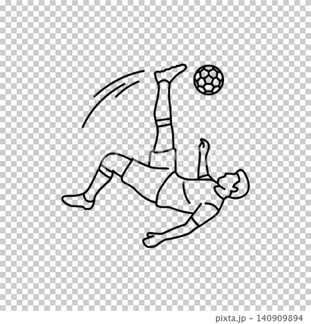 Black and white line art icon of a soccer player performing an overhead bicycle kick. Minimalist design ideal for sports graphics, websites, and mobile apps. Black and white line art icon of a soccer player performing an overhead bicycle kick. Minimalist design ideal for sports graphics, websites, and mobile apps. 140909894