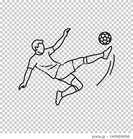 Black and white line art icon of a soccer player performing a scissor kick. Minimalist design ideal for sports graphics, websites, and mobile apps. Black and white line art icon of a soccer player performing a scissor kick. Minimalist design ideal for sports graphics, websites, and mobile apps. 140909896