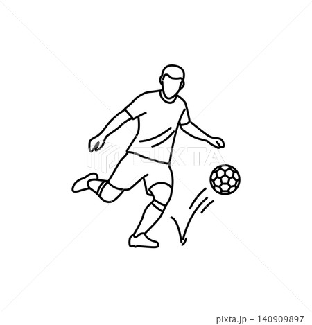Black and white line art icon of a soccer player performing a half-volley. Minimalist design ideal for sports graphics, websites, and mobile apps. Black and white line art icon of a soccer player performing a half-volley. Minimalist design ideal for sports graphics, websites, and mobile apps. 140909897