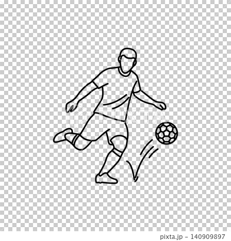 Black and white line art icon of a soccer player performing a half-volley. Minimalist design ideal for sports graphics, websites, and mobile apps. Black and white line art icon of a soccer player performing a half-volley. Minimalist design ideal for sports graphics, websites, and mobile apps. 140909897