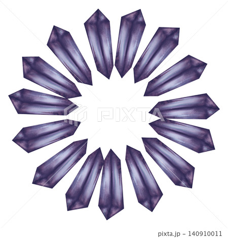 Elegant crystal wreath with purple amethyst gemstones forming a round frame. Decorative border with copy space for invitations, branding, posters, social media, and creative designs 140910011