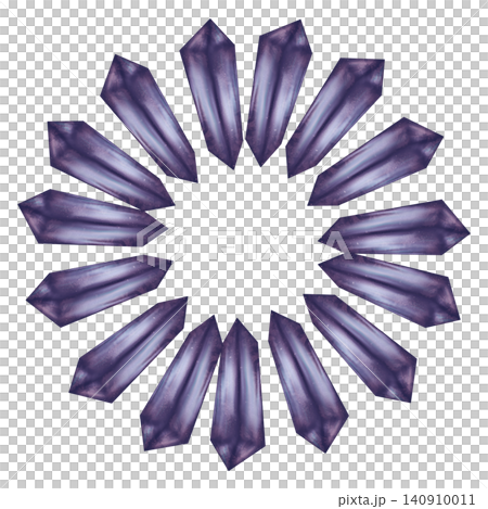 Elegant crystal wreath with purple amethyst gemstones forming a round frame. Decorative border with copy space for invitations, branding, posters, social media, and creative designs 140910011