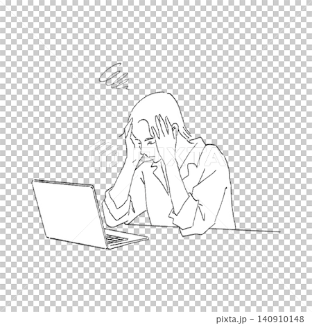 頭を抱えて悩むデスクワーカーの線画イラスト（仕事・トラブル） 140910148