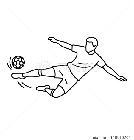 Black and white line art icon of a soccer player performing a flying side volley. Minimalist design ideal for sports graphics, websites, and mobile apps. 140910204
