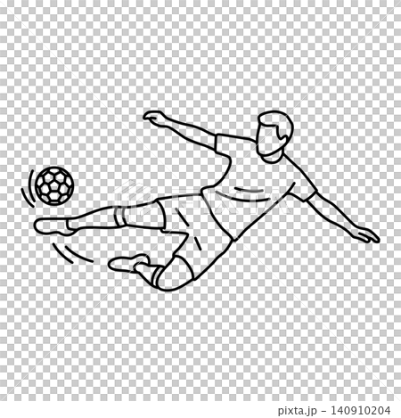 Black and white line art icon of a soccer player performing a flying side volley. Minimalist design ideal for sports graphics, websites, and mobile apps. 140910204