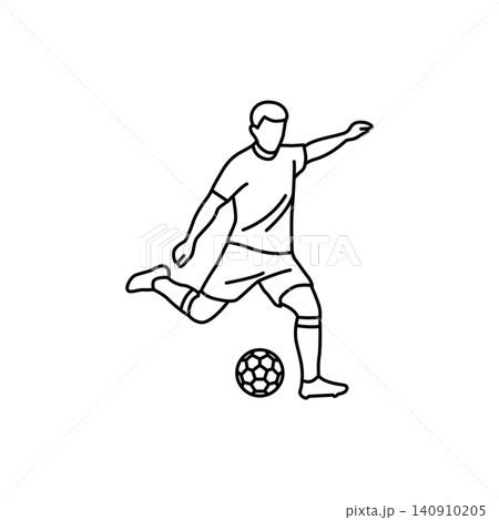 Black and white line art icon of a soccer player performing a penalty kick. Minimalist design ideal for sports graphics, websites, and mobile apps. 140910205