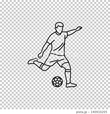 Black and white line art icon of a soccer player performing a penalty kick. Minimalist design ideal for sports graphics, websites, and mobile apps. 140910205