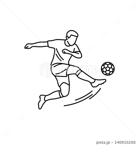 Black and white line art icon of a soccer player performing a final power kick. Minimalist design ideal for sports graphics, websites, and mobile apps. 140910208