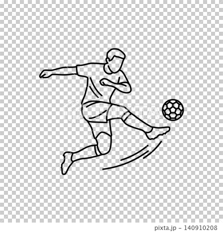 Black and white line art icon of a soccer player performing a final power kick. Minimalist design ideal for sports graphics, websites, and mobile apps. 140910208