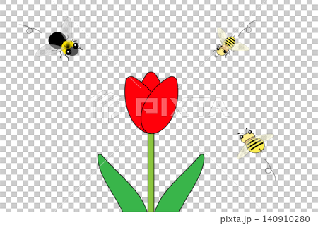 チューリップの花に集まるかわいらしいハチ 140910280