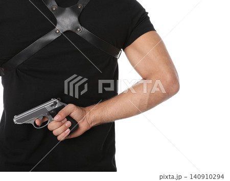 Professional killer with gun on white background, closeup Professional killer with gun on white background, closeup 140910294