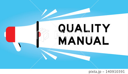 Color megaphone icon with word quality manual in white banner on blue background 140910391