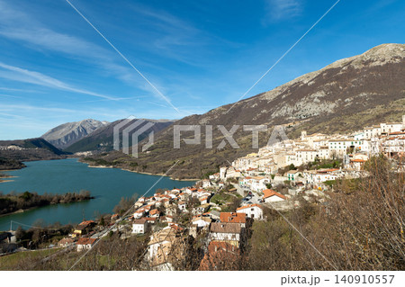 Barrea lake and historic town under blue sky Abruzzo region Italy 140910557