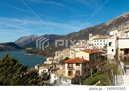 Barrea lake and historic town under blue sky Abruzzo region Italy 140910565