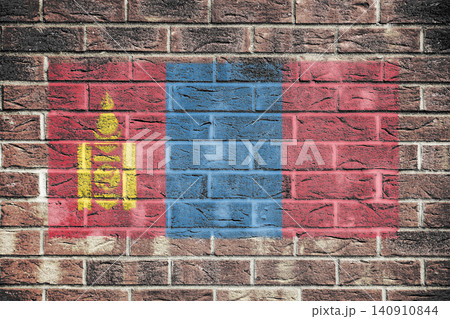 Mongolia flag on old brick wall background Mongolia flag on old brick wall background 140910844