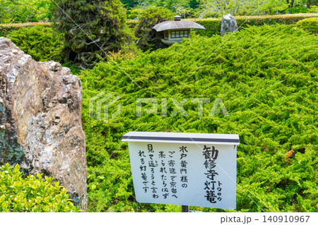 京都市山科区 勸修寺 書院南庭の灯篭とハイビャクシン 京都市山科区 勸修寺 書院南庭の灯篭とハイビャクシン 140910967