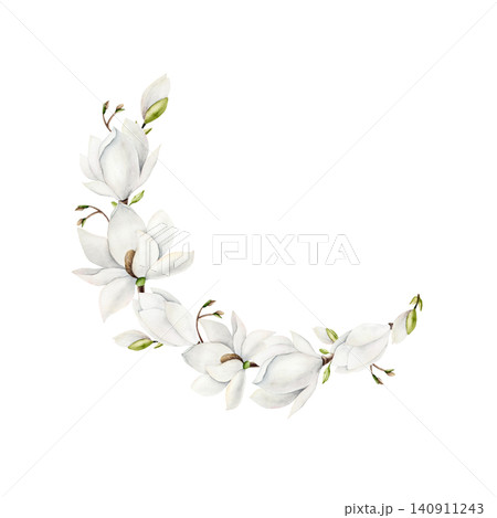 Magnolia branch frame, wreath, template with white flowers. Watercolor hand drawn spring lush blossom with green buds on a tree illustration isolated on background, transparent png. Botanical and wedd Magnolia branch frame, wreath, template with white flowers. Watercolor hand drawn spring lush blossom with green buds on a tree illustration isolated on background, transparent png. Botanical and wedd 140911243