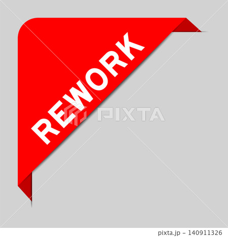 Red color of corner label banner with word rework on gray background 140911326