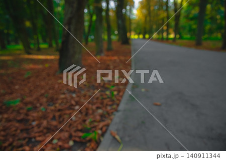Blurred autumn park pathway with fallen leaves and warm sunlight filtering through trees Blurred autumn park pathway with fallen leaves and warm sunlight filtering through trees 140911344