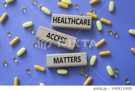 Healthcare Access Matters symbol. Concept words Healthcare Access Matters on wooden blocks. Beautiful purple background with pills. Healthcare and Healthcare Access Matters concept. Copy space. 140911409