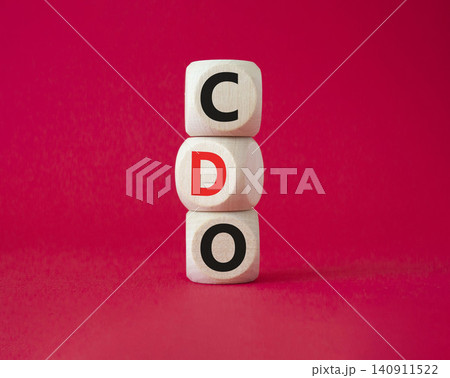 CDO - Collateralized Debt Obligation symbol. Wooden cubes with word CDO. Beautiful red background. Business and Collateralized Debt Obligation concept. Copy space. 140911522