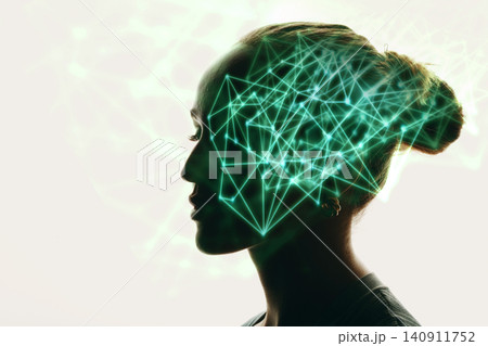 Double exposure of Woman head profile and digital glowing neon lines and abstract neural network inside her head. Artificial intelligence concept. 140911752