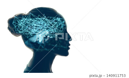 Double exposure of Human profile and digital glowing neon lines and abstract neural network inside his head. Artificial intelligence concept. Double exposure of Human profile and digital glowing neon lines and abstract neural network inside his head. Artificial intelligence concept. 140911753