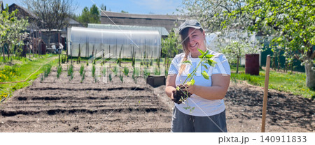 Woman standing in her garden holding a young green seedling with soil around its roots, preparing for spring planting activities with a greenhouse and cultivated beds in the background. Woman standing in her garden holding a young green seedling with soil around its roots, preparing for spring planting activities with a greenhouse and cultivated beds in the background. 140911833