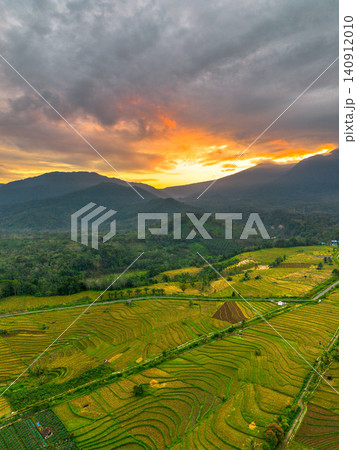 Terraced Rice Fields at Sunrise in Indonesia. Beautiful panoramic view of terraced rice fields surrounded by lush tropical greenery and palm trees 140912010