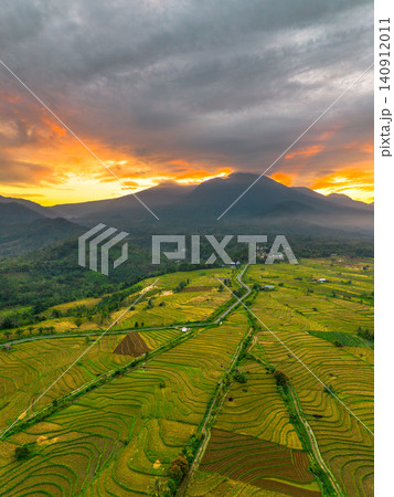 Terraced Rice Fields at Sunrise in Indonesia. Beautiful panoramic view of terraced rice fields surrounded by lush tropical greenery and palm trees 140912011