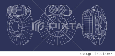 Design of a technical brake mechanism disc drawing different views on a blue background with white lines in a simple style Design of a technical brake mechanism disc drawing different views on a blue background with white lines in a simple style 140912367