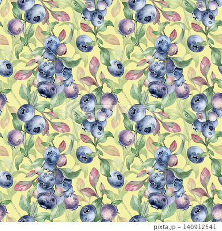 Blueberry branches watercolor pattern on yellow background. Hand painted garden berry illustration repeat with green and red leaves. Summer seamless surface design for food packaging or textile print. 140912541