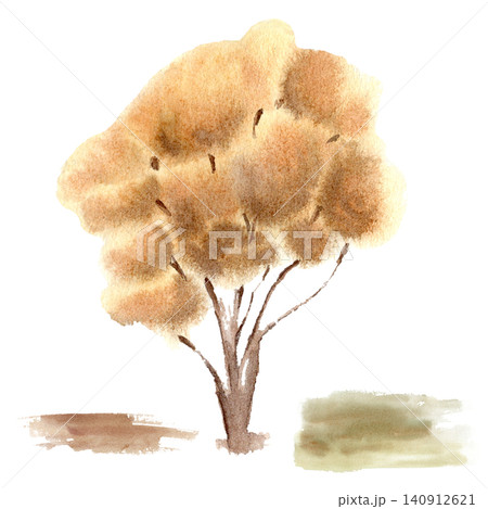 Golden autumn tree with full textured yellow-orange canopy watercolor illustration isolated. Brushstroke patches as fall foliate stain brown and earthy green tones hand painted for greeting card. 140912621