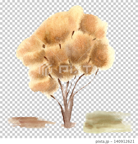 Golden autumn tree with full textured yellow-orange canopy watercolor illustration isolated. Brushstroke patches as fall foliate stain brown and earthy green tones hand painted for greeting card. 140912621