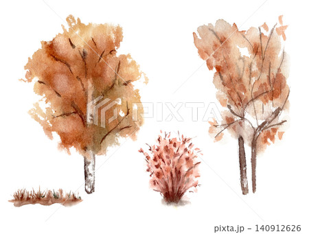 Autumnal trees and shrub watercolor set illustration warm tones isolated. Hand drawn golden trees for forest landscape of seasonal design. Vibrant birch aspen without leaves and fall bush drawing. Autumnal trees and shrub watercolor set illustration warm tones isolated. Hand drawn golden trees for forest landscape of seasonal design. Vibrant birch aspen without leaves and fall bush drawing. 140912626