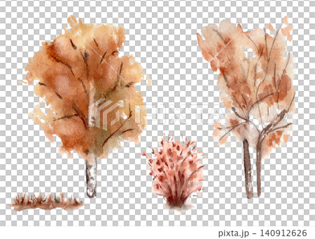 Autumnal trees and shrub watercolor set illustration warm tones isolated. Hand drawn golden trees for forest landscape of seasonal design. Vibrant birch aspen without leaves and fall bush drawing. Autumnal trees and shrub watercolor set illustration warm tones isolated. Hand drawn golden trees for forest landscape of seasonal design. Vibrant birch aspen without leaves and fall bush drawing. 140912626