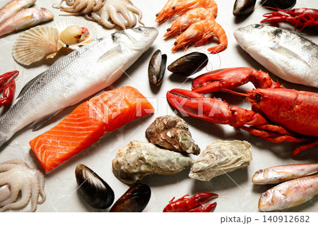 Fresh fish and seafood on marble table Fresh fish and seafood on marble table 140912682