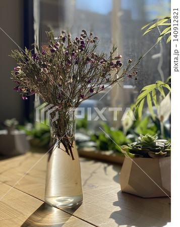 Wildflower Bouquet in Glass Vase Illuminated by Morning Sunlight Wildflower Bouquet in Glass Vase Illuminated by Morning Sunlight 140912821