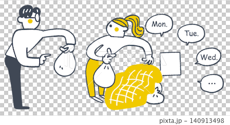 Illustrations of a man and woman teaching the rules for garbage disposal by day of the week. Illustrations of a man and woman teaching the rules for garbage disposal by day of the week. 140913498