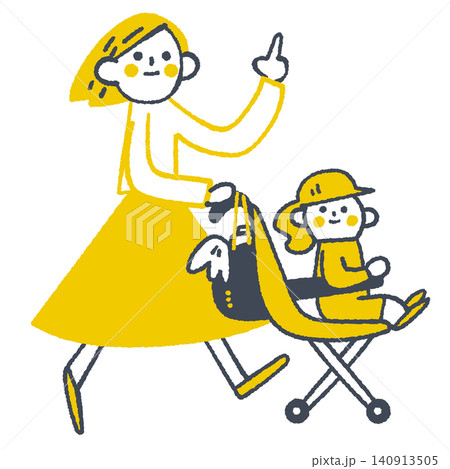ベビーカーを押す元気な母親と子供のイラスト ベビーカーを押す元気な母親と子供のイラスト 140913505