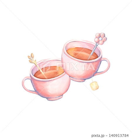 A hand-painted watercolor pink mug with tea and a spoon. An isolated composition with a tea pair for morning and breakfast. A home-cooked tea party. Cute tableware for the home kitchen. For design 140913784