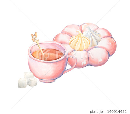 Watercolor illustration of a pink teacup and sweets. Breakfast with tea, meringue, and sugar. Isolated mug, saucer, and spoon are hand-drawn. Tea set for the home. Suitable for design, menus Watercolor illustration of a pink teacup and sweets. Breakfast with tea, meringue, and sugar. Isolated mug, saucer, and spoon are hand-drawn. Tea set for the home. Suitable for design, menus 140914422