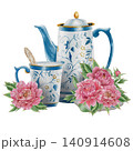 Vintage Watercolor Peony Tea Party Clipart Set Blue teapot and cup with peonies Botanical Collection PNG transparent background 140914608