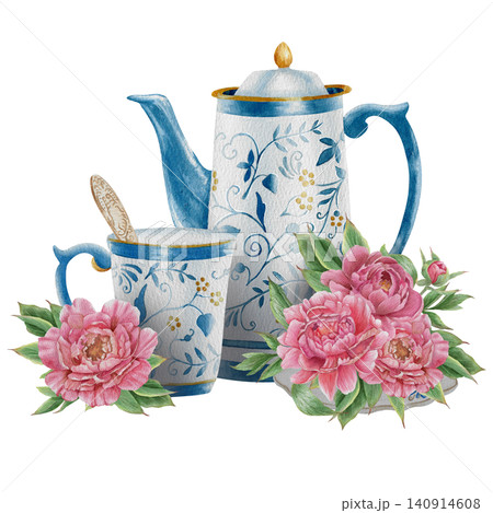 Vintage Watercolor Peony Tea Party Clipart Set Blue teapot and cup with peonies Botanical Collection PNG transparent background Vintage Watercolor Peony Tea Party Clipart Set Blue teapot and cup with peonies Botanical Collection PNG transparent background 140914608