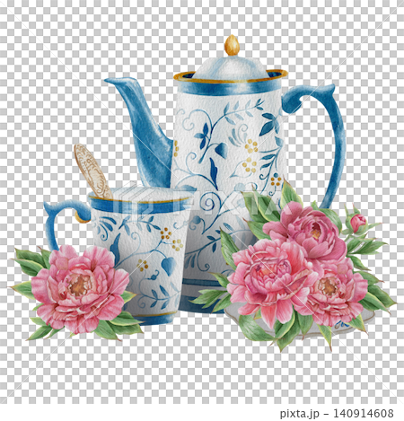 Vintage Watercolor Peony Tea Party Clipart Set Blue teapot and cup with peonies Botanical Collection PNG transparent background Vintage Watercolor Peony Tea Party Clipart Set Blue teapot and cup with peonies Botanical Collection PNG transparent background 140914608