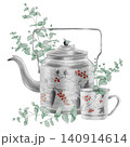 Vintage Watercolor Peony Tea Party Clipart Set Metal teapot and mug with eucalyptus Botanical Collection PNG transparent background 140914614