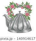 Vintage Watercolor Peony Tea Party Clipart Set Metal grey teapot with peony wreath Botanical Collection PNG transparent background 140914617